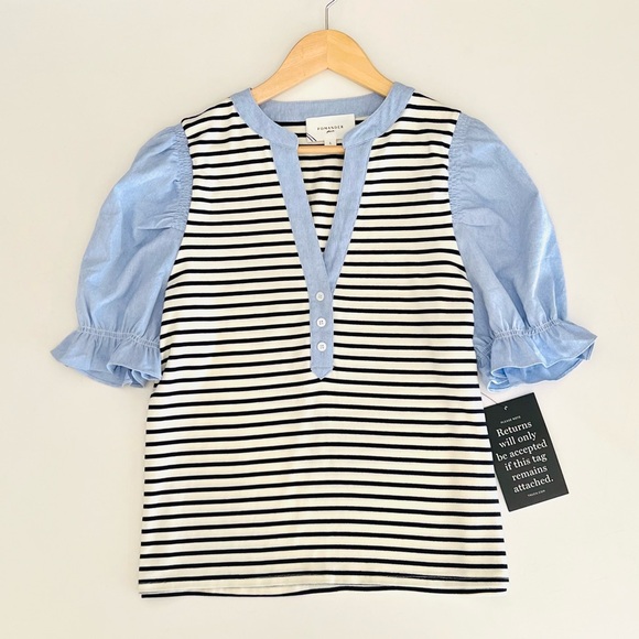 NWOT Tuckernuck POMANDER PLACE Navy Stripe Livia Puff Sleeve Top Size: Large - Picture 5 of 14
